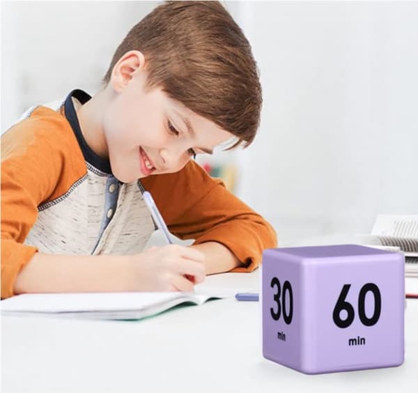 Børns køkken terning timer med tyngdekraftsensor til tidsstyring og nedtællingsindstillinger (15-20-30-60 minutter, lilla)
