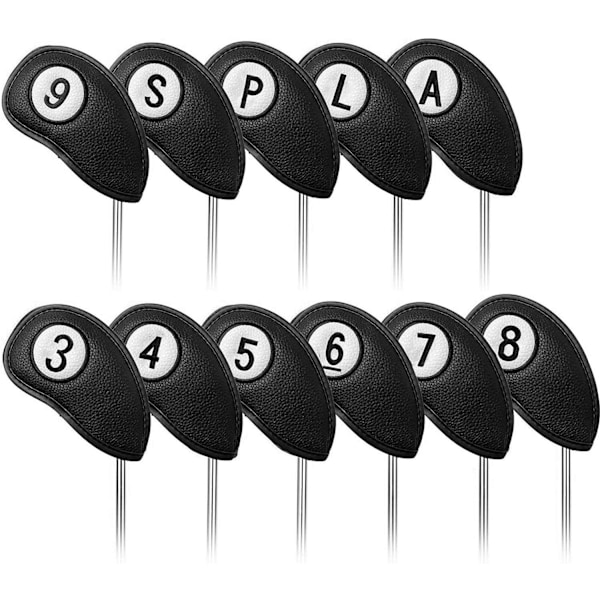 Svart - 10 st golfklubbsöverdrag järnlockskydd magnetisk stängning magneter 2 sidor för vänsterhänta högerhänta golfare, syntetiskt läder golf C