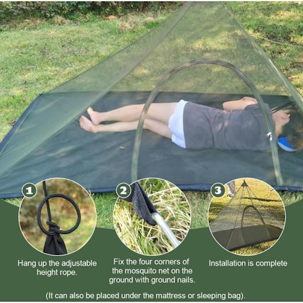Myggnett for camping 220 x 120 x 100 cm, myggnett med oppbevaringspose, bærbart og lett reise-myggnett med glidelås for fiske, fotturer, leirer