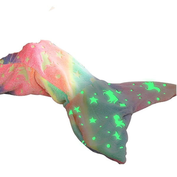 Børns havfruehale, lysende-i-mørke tæppe pigegave, blød flannel uld småbørn havfruetæppe med regnbuefiskeskala design 112*58cm
