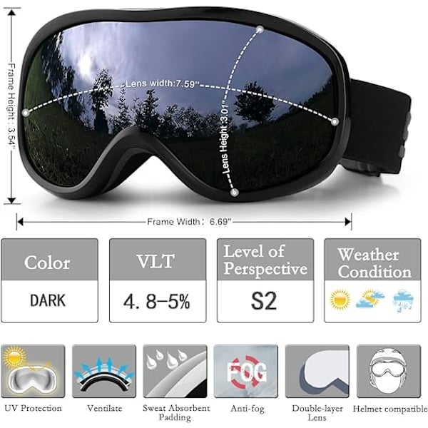 Skidglasögon - Glasögon Skid Snowboardglasögon med Anti-Fog Dubbla Linser Skidåkning Skridsko Snöskoter Vindtät