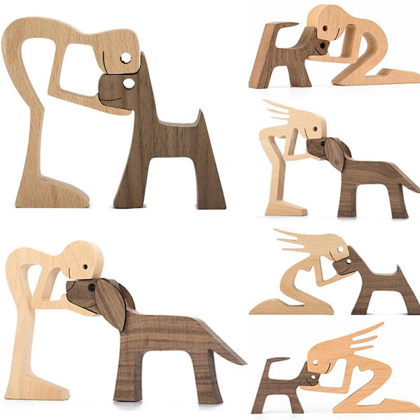 Trefigurer av familie og valp, naturlig treutskjæring av kjæledyrhund, håndlaget kreativ gave (hund og jente)