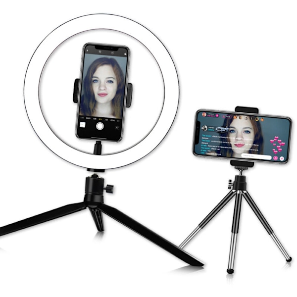 Rund LED-lampe til selfie med mini-stativ, USB-strømforsyning, 10 justerbare lysstyrkeniveauer, variabel intensitet, farvetemperaturændring, 360° rotation