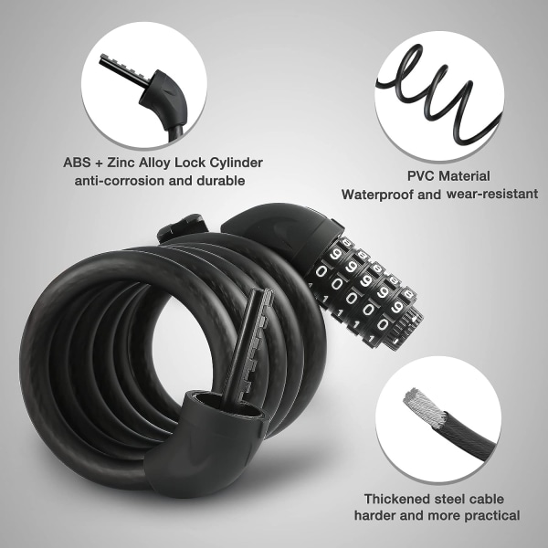 Bike Cable Lock 150CM x 12MM with 5 Digit Smart Code, Long Bike Lock for Bike, Scooter, Motorcycle, Bike Gate