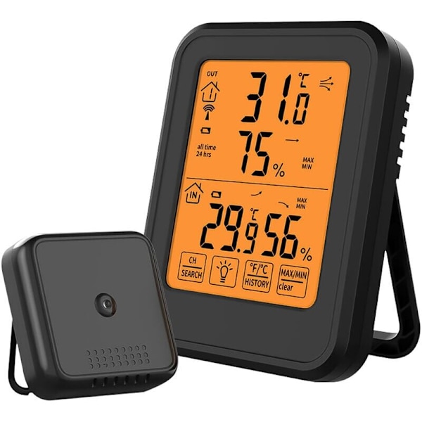 Digitalt hygrometertermometer, innendørs og utendørs hygrometertermometer, med trådløs utendørssensor, LCD ℃/℉ bakgrunnsbelysning, for skrivebord, hus, soverom