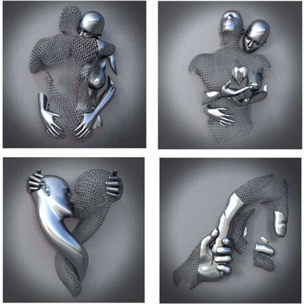 3D-effekt väggkonst, metalltrådsskulpturfigur par hängande målning, abstrakt canvas väggkonst, modern målning väggdekoration för sovrum/hem/kontor