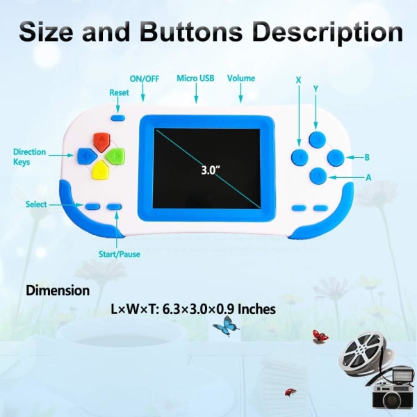 Barn och vuxna bärbar spelkonsol Inbyggd 220-Blå med 16-bitars pedagogiskt klassiskt videospel Plug  Play och konsol 3.0\" System LCD Stor skärm Bi