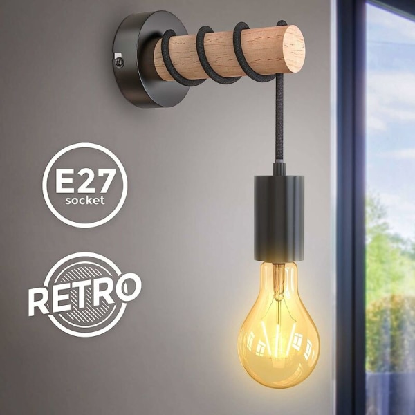 væglampe, retro industrielt design, træ  metal, stue  soveværelse belysning, E27 fatning, til 10W max LED pære, sort