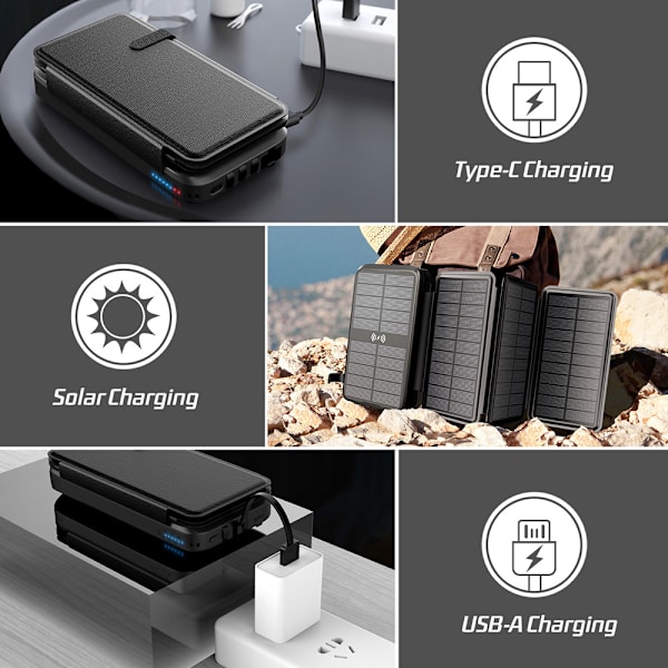 Multifunksjonell solcelledrevet powerbank - 20000mAh selvstendig kabel Utendørs vanntett - nocable powerbank