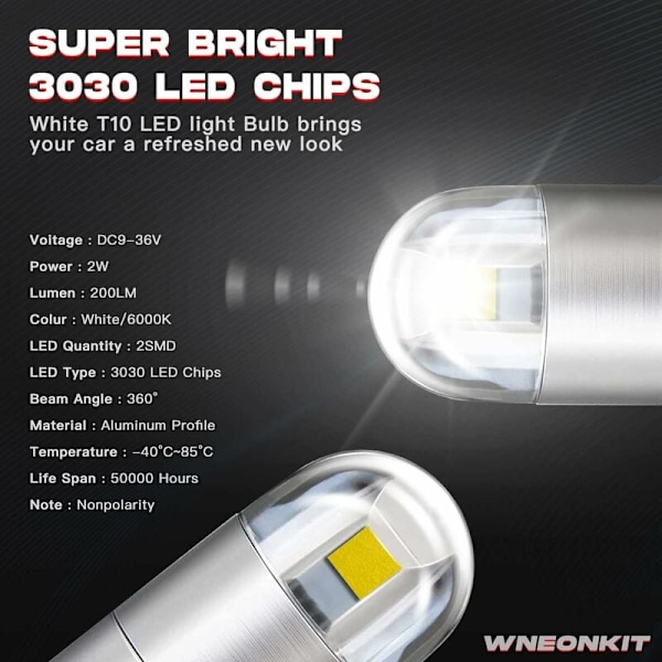 194 921 T10 W5W Hvit LED-pære, 3030 Chipset 2SMD LED-pærer 2W 12V Innvendig belysning LED-ekstrapærer for bilinteriør, eksteriør, dashbord, skiltlys