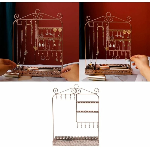 Koruteline korvakoruille, ketjuille ja sormuksille - n. 25x10x33cm, - Koristeellinen metalli korupidike 4 tasoa, koukku & sormuslokero Koruvarasto