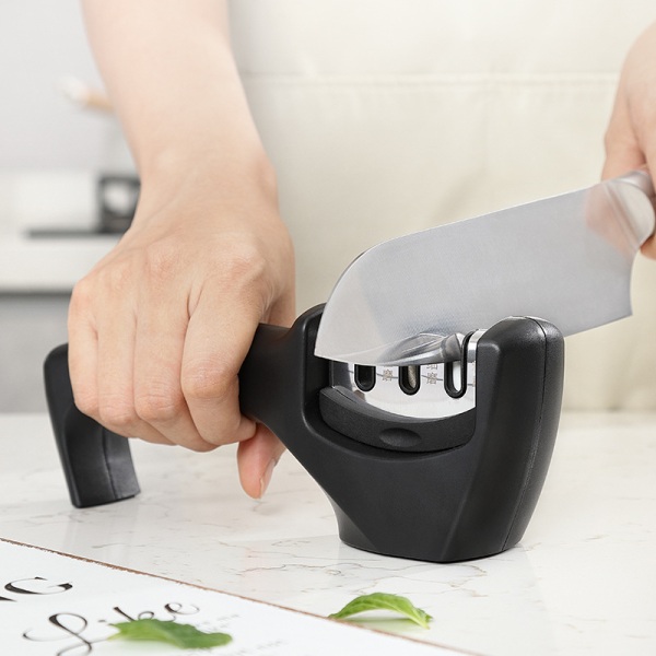 Smart Sharp 3-trinns sliper - for kjøkkenkniver - profesjonelt resultat/ergonomisk design - keramisk stein/wolframkarbid/diamant - svart/krom