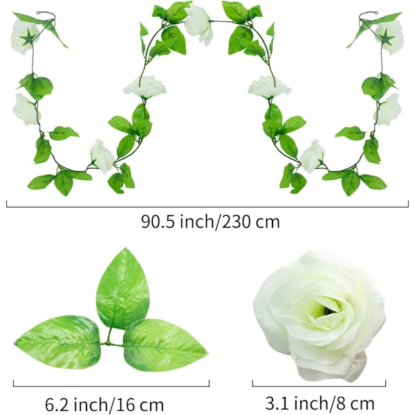 5 Strenge 230cm Lange Kunstige Blomst Rattan Dekorationer, Kunstig Hvid Rose Blomsterbue til Hjem, Have, Fest