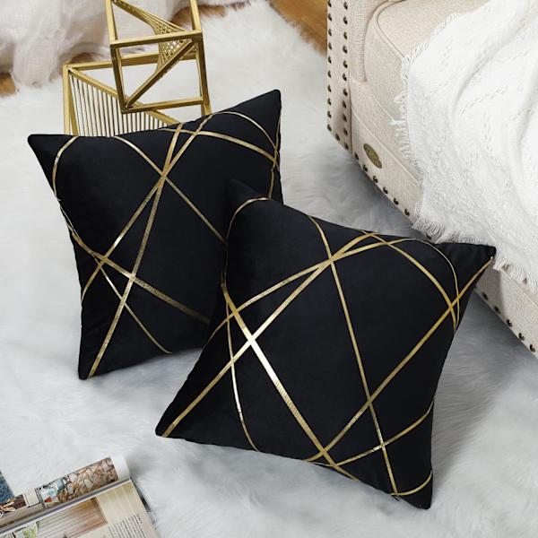 Sæt med 2 sorte sofaer (uden pude) Fløjls pudebetræk 45 x 45 cm Puder Dekorative pudebetræk Guldlinjer Geometriske puder Stue