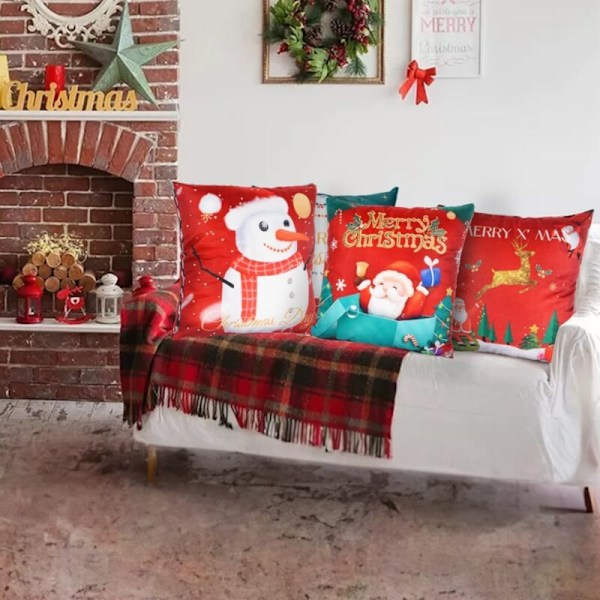 4 stk. røde juleputetrekk, 45x45 cm Santa Claus Putepute, juleputetrekk i fløyel, juleputer med juledekor