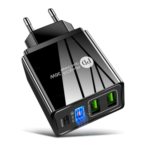 2.4A Dobbel USB Hurtiglader Mobiltelefonlader Multi-USB med PD Lader-EU Europeisk Standard Svart (Rundt Hode)