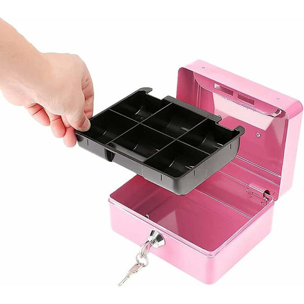 Låsbar stålsikkerhetsboks, Mini bærbar sikkerhetsboks, Mini bærbar stålsikkerhetssafe, med 2 nøkler, for bulkpenger, mynter (rosa)