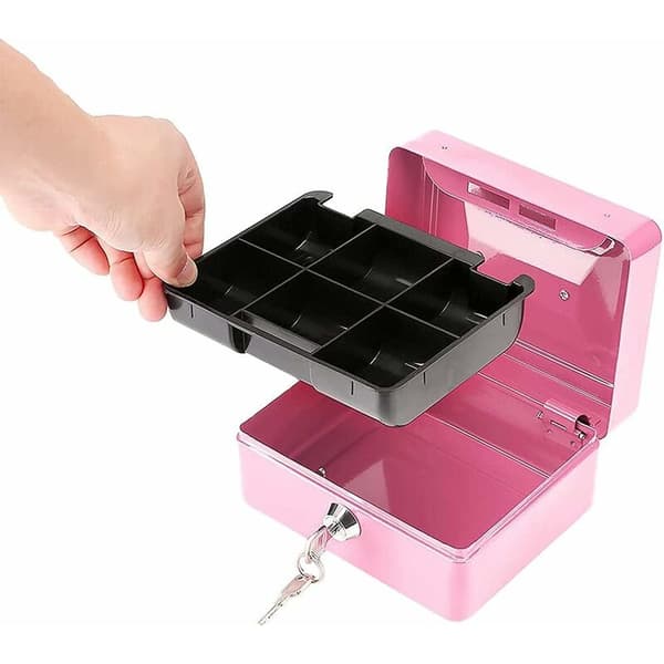 Låsbart stålskab, mini bærbart sikkerhedsskab, mini bærbart stålskab, med 2 nøgler, til bulkpenge, mønter (Pink)