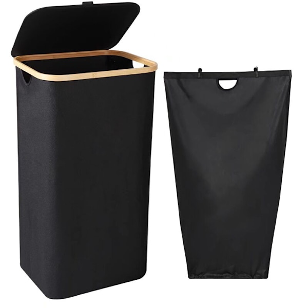 (Svart) Linnekorg, 100l Linnekorg med lock E Handtag - Smutsig linnetank med avtagbar tvättsäck - Tvättkorg hopfällbar kapacitet,