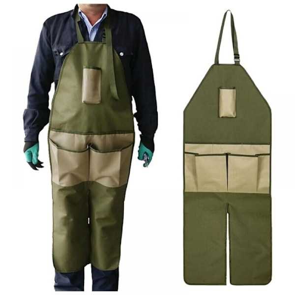 （Armégrön + khaki ficka） Långt trädgårdsförkläde med benskydd, arbetsförkläde med flera verktygsfickor idealiskt för trädgårdsarbete, gör-det-själv, snickare, garage