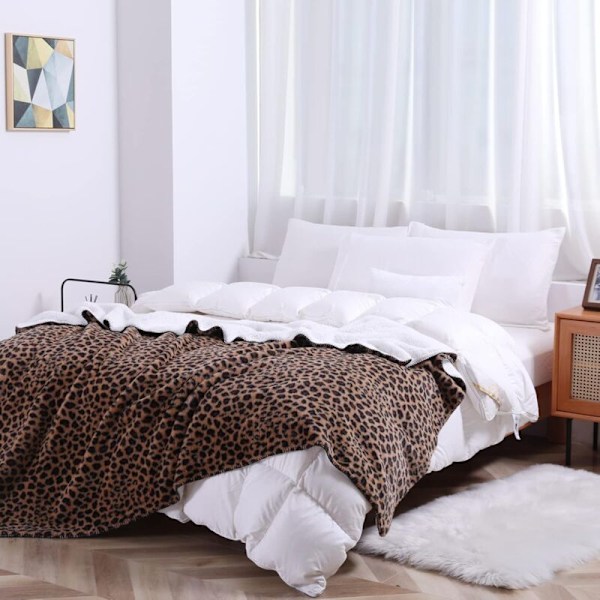 Lyxig Sherpa Fleece Filt, Ultra Mjuk och Varm, Lättviktig, Glänsande i Ljuset, för Säng, Soffa, Leopard Gulbrun 160 x 200 cm