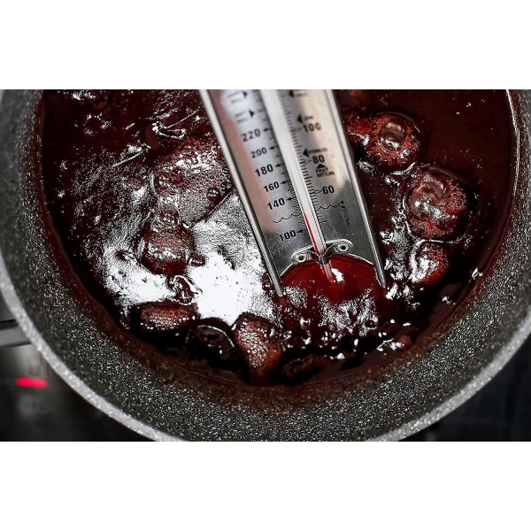 Termometer, temperaturmåler for matlaging av syltetøy, sukker, karamell, konfekt, fritøser med kjølig håndtak, rustfritt (1 stk, sølv)