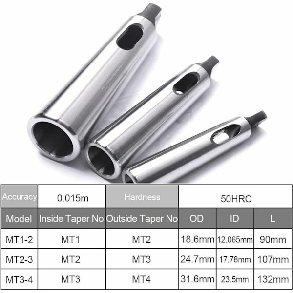 Morse-kartioholkin supistusadapteri jyrsinkoneeseen ja sorviin (MT1 - MT2, MT3 - MT2, MT3 - MT4, 3 kpl)