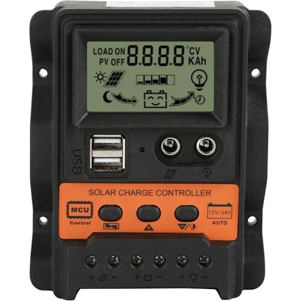Solar Charge Controller, 12V 24V 30A PWM Solar Opladningscontroller Dobbelt USB 5V Output Solar Panel Oplader Regulator med LCD Display til Bly-syre Batteri