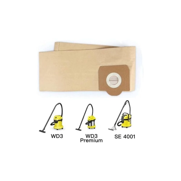5 suoran pölynimuripussin pakkaus Kärcher WD3, WD 3 Premium, WD3200, WD3500P, A2204, A2534, SE4001, KAR69591300 -malleille