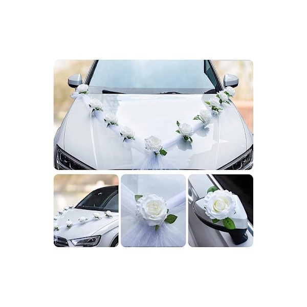 Bröllopsbilsdekoration, bröllopsbilsdekorationskit, vita konstgjorda blommor och vitt band för bröllopsbil, bröllopsbilsdekoration