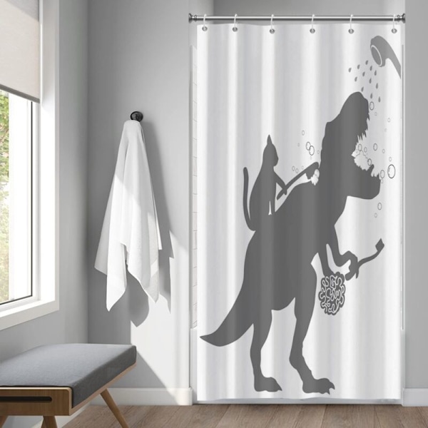 Sjovt badeforhæng 90x180, kat hjælper dinosaur badeværelse badeforhæng børn dreng silhuet sort hvid skygge vandtæt forhæng polyester vaskbar