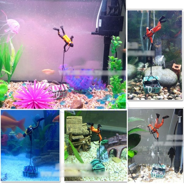 Sort Skattejæger Ornament Akvarium Fisk Actionfigur Dykker Scuba Dykker Skattekiste Tank Landskab Dekoration