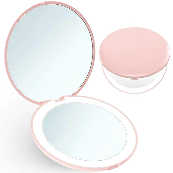 Kompakt spegel, 1X belyst spegel liten resespegel bärbar LED fick spegel för handväska plånbok (rosa)