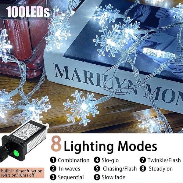 80 LED julsnöflingor, 32 fot snöflinga ljusslinga inomhus, 8 lägen plug in jul ljusslinga, vattentät julbelysning för Chr