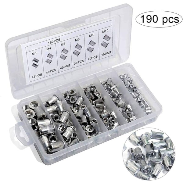 190 stk flate hoder med gjengede nagler, flate hoder aluminium nagler mutter, blind innlegg mutter, med oppbevaringsboks, for tremøbler, M3/M4/M5/M6/M8/M10，HANBING