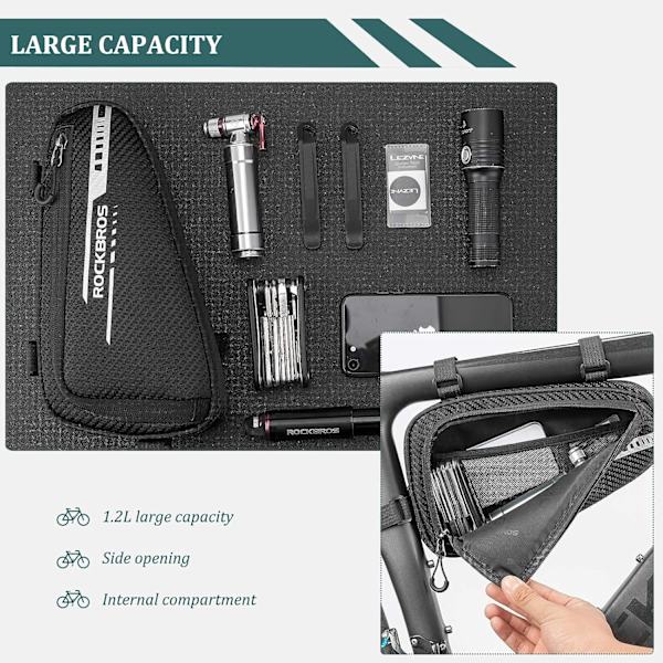 Cykelramme Taske, Reflekterende Trekant Taske Sort 1.2L