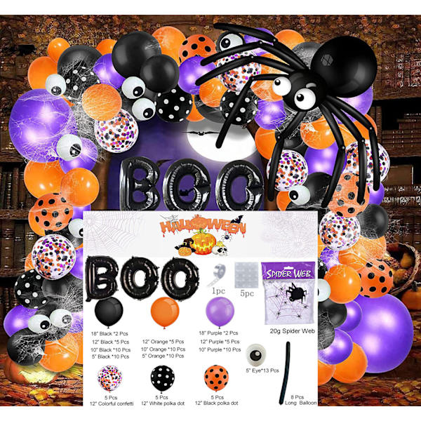 Halloween-ilmapallokaarikoristelusetti, jossa Halloween-hämähäkinseitti, mustat, oranssit ja harmaat ilmapallot, hämähäkki-ilmapallo Halloween-juhlan koristeluun