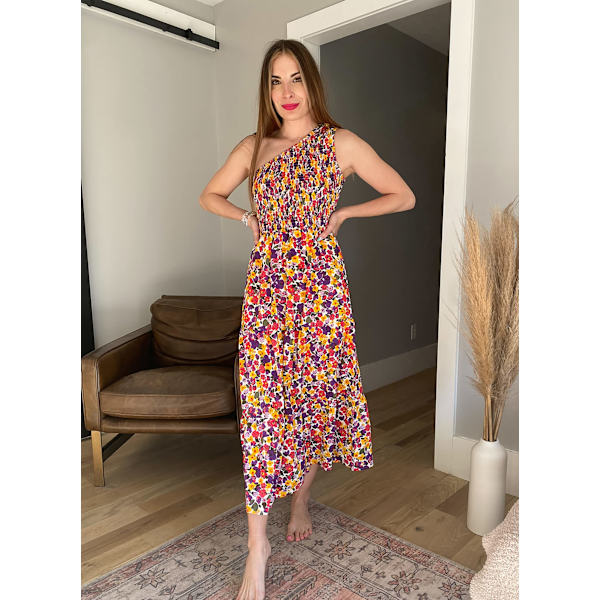 Kvinder Off Shoulder Ærmeløs Casual Sommerkjole, 2023 Ruched Højtaljet Blomster Flowy Strand Boho Maxi Kjole