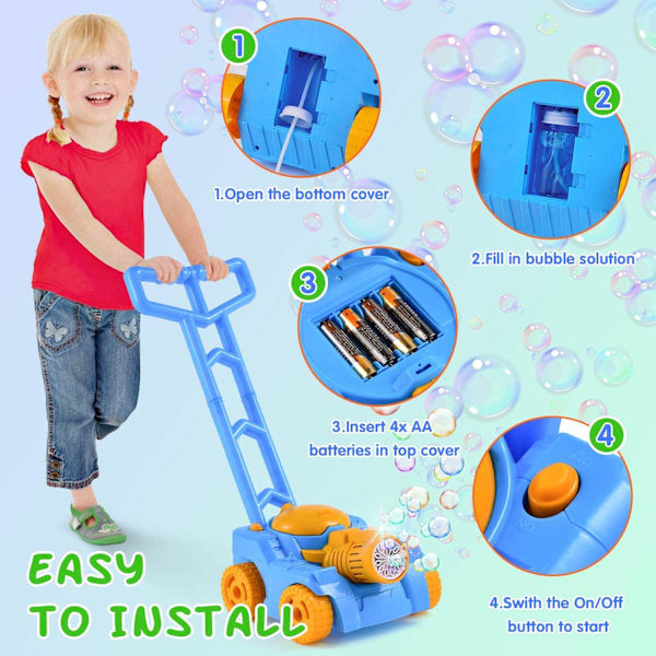 Bubbelmaskin, Barnens Gräsklippare för Trädgården, Barn 3 År Gammal Bubbelmaskin för Barn, Pojke Flicka Present Idé (Blå-Gul)