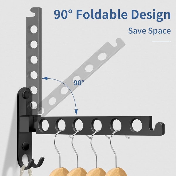 Veggmontert klesstativ (svart), veggmontert sammenleggbart klesstativ, 90° roterende sammenleggbart veggmontert klesstativ for balkong, bad, L