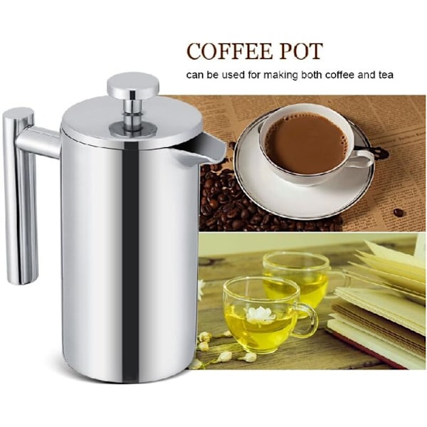 French Press Kaffetrakter, Dobbelvegget Rustfritt Stål French Press Kaffetrakter, 350ml, med Filter