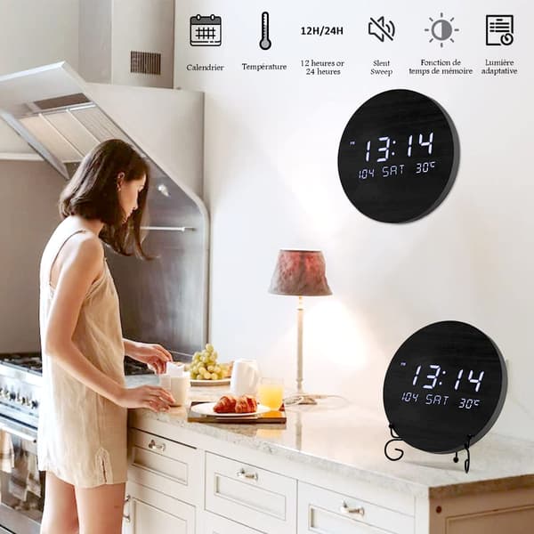 LED Digital Väggklocka med Datum och Temperaturvisning, Trä Tyst Klocka för Sovrum, Kök, Kontor