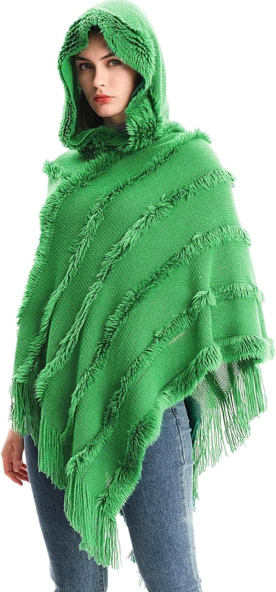 Vinter Sjal Sjal Oversized Hette Cape Dame Elegant Cape Skjerf Genser Pullover Lang Strikket Varm Genser Cape(grønn)