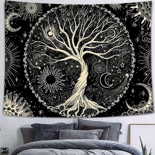 (150 x 130cm) Gobeläng Livets träd Gobeläng Träd Svart Vit Vägg Gobeläng Sol Väggdekoration Psykedelisk Tapis Gotisk Gobeläng Väggdekoration
