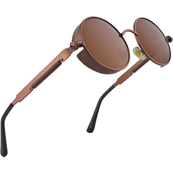 Brune ramme brune linser-polariserede runde solbriller til mænd og kvinder inspireret af retro Steampunk-stil i metallisk cirkel