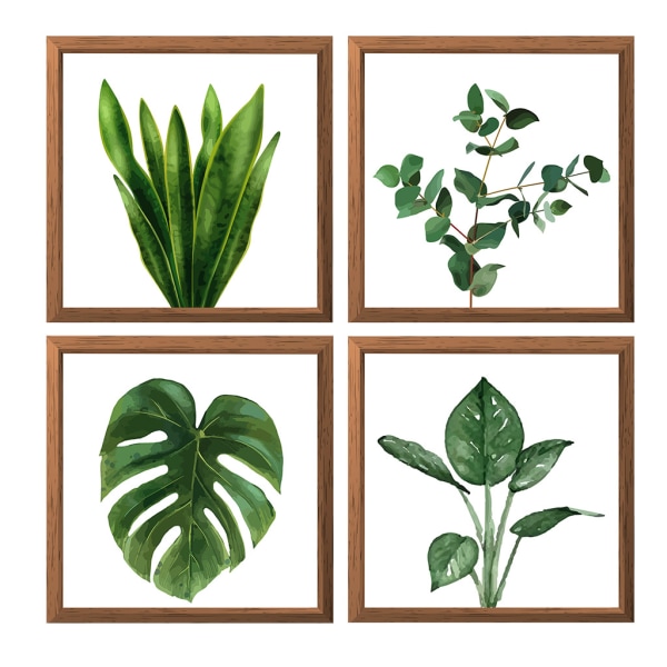 Veggboliginnredning med firkantet rammesett og tropiske grønne blader