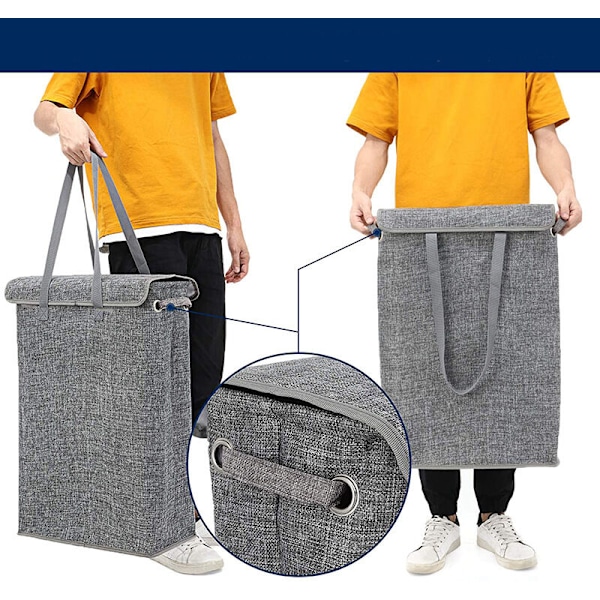 (Grå) 45 liter smal hopfällbar tvättkorg i linne med lock - tvättkorg med mycket stor kapacitet - 39x19x60cm - smal tvättkorg