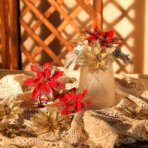 1 x Julekule, Kunstig Blomsterhode, Rød Glitterkule til Juletrepynt (Rød)