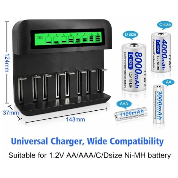 8-paikkainen Nopea LED Yleislaturi, Akkulaturi AA/AAA/C/D NI-MH NI-CD Ladattaville Akuille USB-portilla