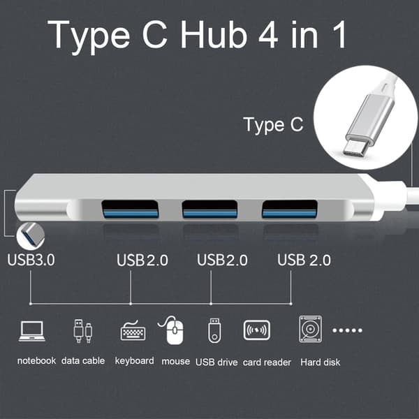 USB C Hub, Slank 4-Port Hub USB 3.0/2.0 Hub med USB A til USB C Adapter